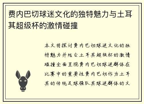 费内巴切球迷文化的独特魅力与土耳其超级杯的激情碰撞