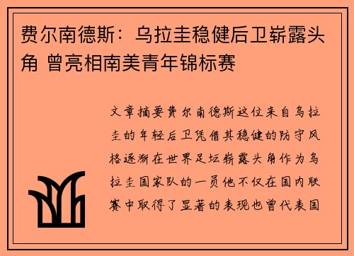 费尔南德斯：乌拉圭稳健后卫崭露头角 曾亮相南美青年锦标赛