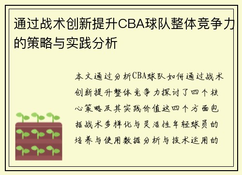 通过战术创新提升CBA球队整体竞争力的策略与实践分析 通过战术创新提升CBA球队整体竞争力的策略与实践分析