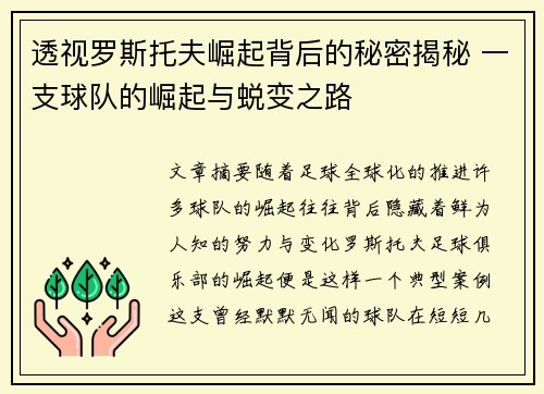 透视罗斯托夫崛起背后的秘密揭秘 一支球队的崛起与蜕变之路