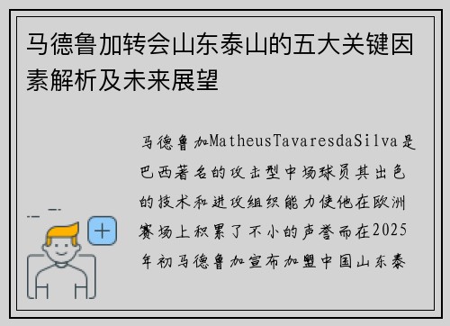 马德鲁加转会山东泰山的五大关键因素解析及未来展望